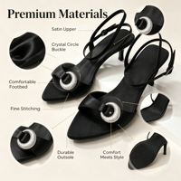 Sandales à talon aiguille pour femme, à bout pointu et bride arrière, avec accent cercle en strass noir, personnalisables (Logo, OEM, ODM), vente en gros de chaussures