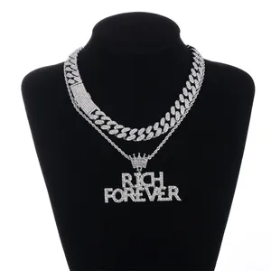 Nouvel alliage plein diamant HipHop couronne créative avec lettres majuscules RICH FOREVER glacé pendentif chaîne cubaine collier ensemble bijoux