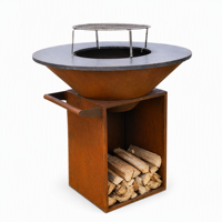 Brasero rond en acier Corten avec piédestal et rangement pour bois, foyer extérieur de jardin, commande en gros, directement de l'usine