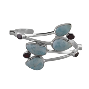 925 Sterling Silver Larimar Cuff Bracelet Natural Blue Larimar with Garnet Accents Handmade Statement Bangle Jewelry - Product Image 1