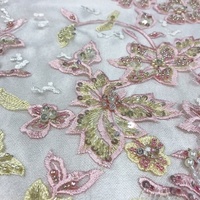 Tissu en dentelle de tulle brodé de fleurs 3D en or rose, orné de perles et de strass, avec maille de sequins lourds, vente en gros d'usine