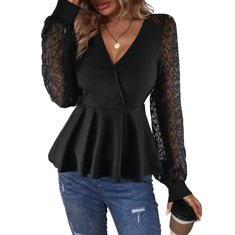 Womens Tops Deep V Neck Cross Wrap Sexy Tops Polka Dot Mesh Long Sleeve T Shirt Casual Blouses