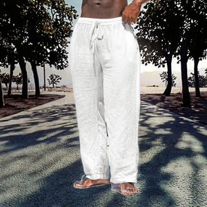 Pantaloni Primaverili di Alta Qualità Traspiranti 100% <span class=keywords><strong>Lino</strong></span> Leggeri a Vita Media Casual Sportivi a Gamba Larga per Uomo - Product Image 3