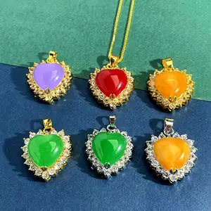Wholesale Custom Jewelry Dainty Green Purple Jade heart necklace minimal bling gold necklace zircon stone jewelry