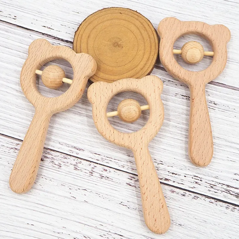High Quality Beech Wood Bear Hand Teething Ring Baby Rattles Educational Toys Wooden Rattle