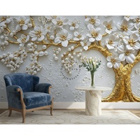 Papier peint autocollant à imprimer numériquement, papier peint 3D, fleurs blanches, perles, arbre doré, papier peint gaufré pour la décoration de la chambre