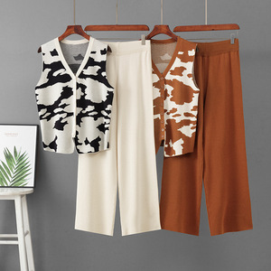 2026 Summer Casual Sleeveless Cardigan Leopard Print <b>Knit</b> <b>Set</b> for Women Loose Slimming Wide-Leg Pants Two-Piece ropa de mujer - Product Image 1