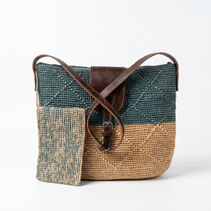Sac à bandoulière/bandoulière en paille raphia bicolore tendance avec fermeture éclair pour les voyages et l'usage quotidien - Product Image 3