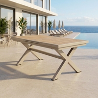 Table de patio télescopique OEM/ODM avec logo personnalisé, cadre en aluminium, plateau en bois plastique, extensible, pour l'extérieur, pour les entreprises