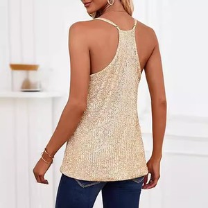 Women's <b>Sequined</b> Deep V Neck Sleeveless Loose Knitted Camisole <b>Top</b> Casual Style Gold - Product Image 2