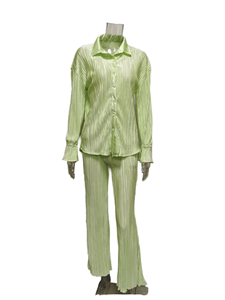 Conjunto de camisa y pantalones de manga larga de satén a rayas para mujer, cuello vuelto, longitud completa, informal, primavera-verano, 2 piezas, corte regular - Product Image 1