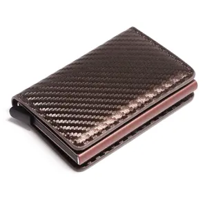 Carbon Fiber RFID Blocking PU Leather Wallet Travel Card Box Aluminum Pop Up Card Holder For Business Christmas Promotion Gifts