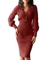 Robe pull à manches longues lanterne col V jupe mi-longue en tricot côtelé
