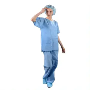 PP/SMS Patient gown suit Disposable scrub suits, pajama, patient gown with V-collar or round collar