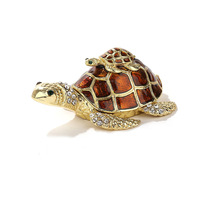 Boîte à bibelots vintage en métal, décor de table, cadeau, émail, placage or, peinture à la main, tortue à charnières
