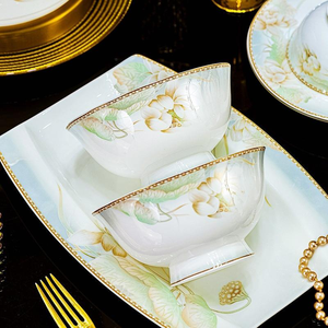 62PCS <b>Bone</b> <b>China</b> Dinnerware <b>Sets</b> Luxury Golden Ceramic Dishes Plates and Bowls <b>Set</b> Flower Tableware - Product Image 3