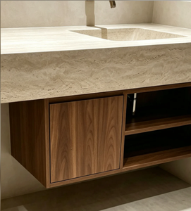 Mueble de Baño Flotante Moderno de Nogal con Encimera de Piedra Sinterizada Montada en la Pared para Villa - Product Image 6