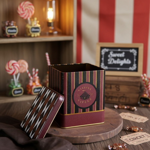 1.8L Vintage Circus Elegance Slip Lid Square Tin <b>Box</b> Recyclable Embossed Logo for Candy Food <b>Packing</b> 120x120x137mm Plastic Paper - Product Image 3