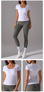 Nuovo Logo personalizzato a coste sport a maniche corte t-shirt da donna sottile con collo quadrato sportivo Top Yoga con imbottito - Product Image 5