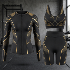 Ensemble de compression à manches longues pour femme, imprimé géométrique noir et or, séchage rapide, en Spandex et Polyester, idéal pour l'entraînement - Product Image 2