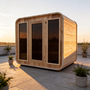 Sauna a cubo moderna per 4 persone in cedro rosso massiccio, bagno turco a legna da esterno con canna fumaria - Product Image 1