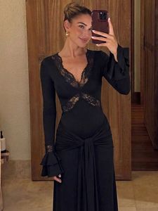Abito Lungo Sexy da Donna per l'Autunno, <span class=keywords><strong>Maniche</strong></span> <span class=keywords><strong>Lunghe</strong></span>, Scollo a V, <span class=keywords><strong>Schiena</strong></span> <span class=keywords><strong>Scoperta</strong></span>, Drappeggiato, con Inserti in Pizzo, per Feste e Club 3554 - Product Image 4