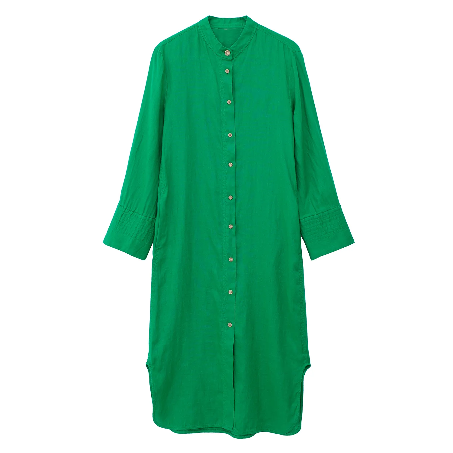 Plain design green color crew neck long sleeve side slit women linen cotton casual shirt dress
