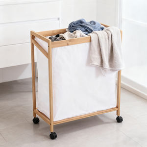 Cesto <span class=keywords><strong>de</strong></span> almacenamiento <span class=keywords><strong>de</strong></span> <span class=keywords><strong>ropa</strong></span> sucia <span class=keywords><strong>de</strong></span> bambú, cesto separador con tela blanca y 4 ruedas giratorias - Product Image 4