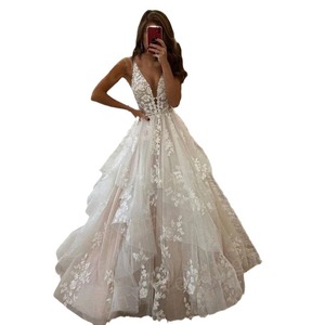 White V-neck Ball Gown Wedding Dress Tulle Lace Natural Waistline Simple Elegant Style - Product Image 3