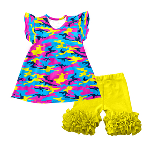 Ropa Estampada de Seda Láctea para Niñas, OEM ODM, Vestido con Volantes y Conjunto de Pantalones Cortos Personalizados, Atuendo de Verano para Niñas con Estampado de Camuflaje y Letras, Venta al por Mayor - Product Image 1