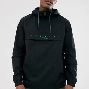 Toptan özel Logo rüzgar geçirmez düz ceket özel erkek yarım Zip Hood kazak Anorak rüzgarlık ceket