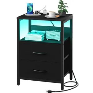 Bedroom Furniture LED Nightstand with Charging Post with Fabric Drawers and Storage Shelves for Living Room USB Ports Side Table