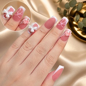 <span class=keywords><strong>Uñas</strong></span> Postizas Personalizadas, Largas y Cuadradas, Estilo Coquette, <span class=keywords><strong>Color</strong></span> <span class=keywords><strong>Rosa</strong></span> Empolvado, Blanco Francés, Lazo, Perlas, Gel <span class=keywords><strong>Mate</strong></span>, ABS, <span class=keywords><strong>Uñas</strong></span> Falsas, Venta al Por Mayor OEM - Product Image 2