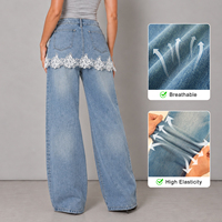 Jeans tissés pour filles en gros, jeans patchwork en dentelle, jeans streetwear pour femmes, jeans baggy pour femmes, jeans denim baggy extensibles, délavage bleu clair