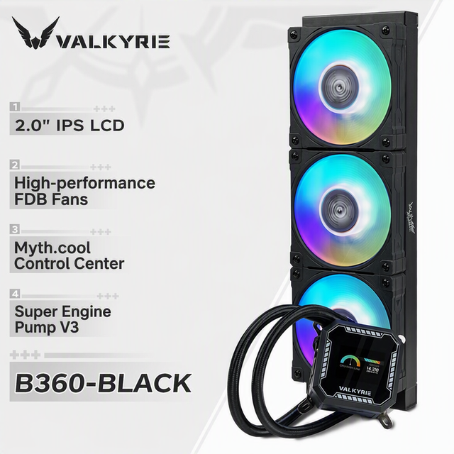 VALKYRIE B360 BLACK WHITE AIO Liquid CPU Cooler 2.0" IPS LCD Screen High-performance FDB Fans 360mm Gaming Water Cooler PC
