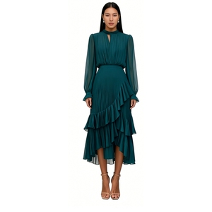 Robe midi plissée en mousseline pour femme, col montant, ourlet à volants, idéale pour les invitées de mariage et les soirées – Collection Mode - Product Image 6