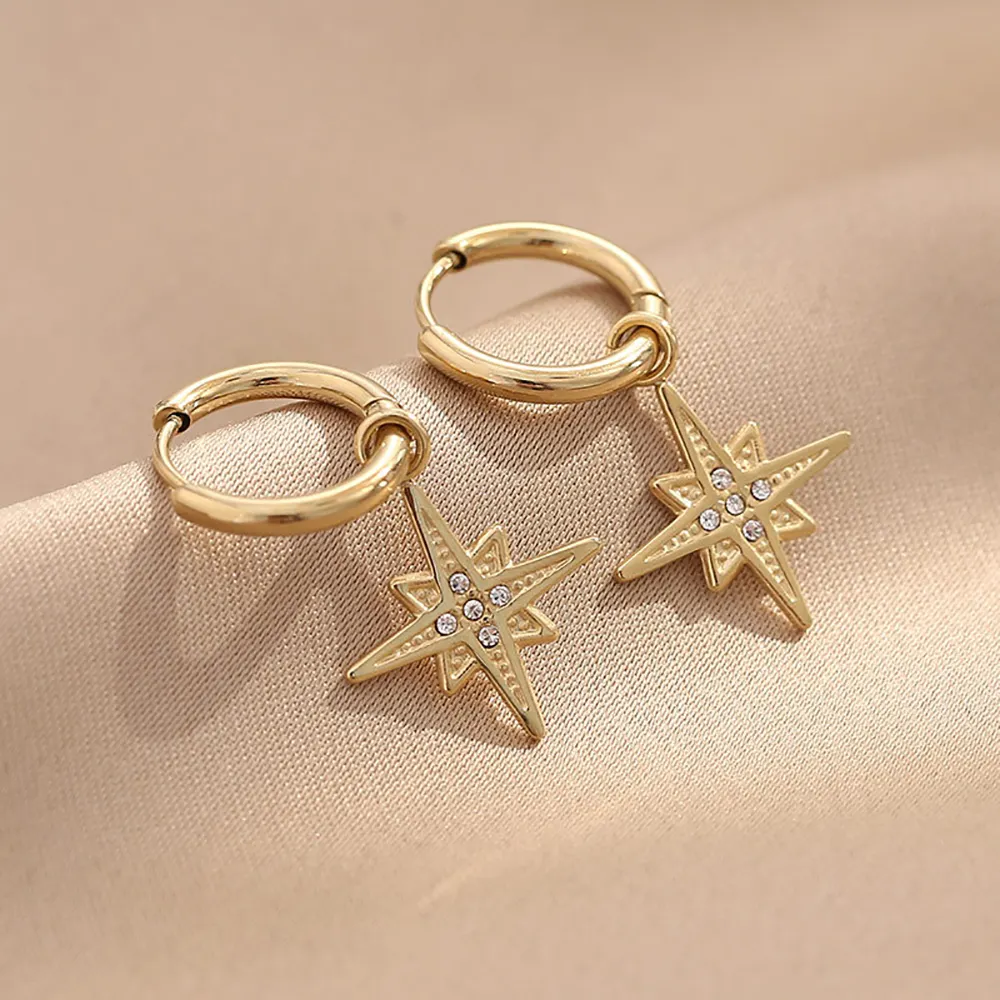Conjunto de brincos de estrela pendurada da moda, brincos banhados a ouro estrelas e lua