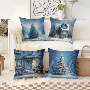 Bantal dekoratif bertema Natal yang menampilkan pemandangan bersalju dengan pohon-pohon yang dihias dan rumah-rumah yang nyaman untuk dekorasi rumah yang meriah. - Product Image 2