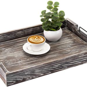 Plateau de service en bois massif avec poignée en métal, style vintage, plateau de petit-déjeuner en bois pour le thé, le café, usage hôtelier - Product Image 5