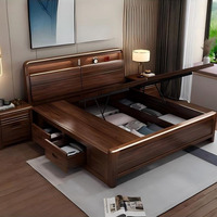 Lit coffre en bois massif couleur noyer avec rangement domestique, options lit double 1,8 m et lit simple 1,5 m