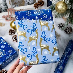 MAYPLUSS Christmas <b>Wrapping</b> <b>Paper</b> 17in X 33ft Navy Blue Snowflake Reversible Gold Reindeer Gift Wrap - Product Image 3