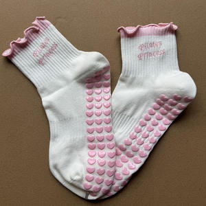Custom Designed Knitted Pilates Yoga <b>Socks</b> with Embroidered Logo <b>Grip</b> Bottom for Youth Children Crew High Logo on Cuff Body - Product Image 3