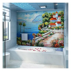 ZF Beautiful oil painting handmade ice jade glass mosaic tiles seaside landscape architecture mural bathroom mosaic wall decor