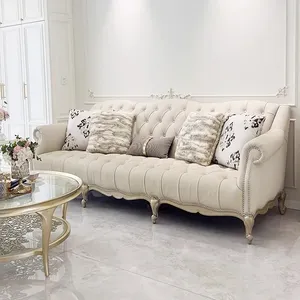 Luxury European Solid Wood Gold Wedding Royal Sofa Couch Pure Leather Loveseat Combination Living Room Couch Sofa