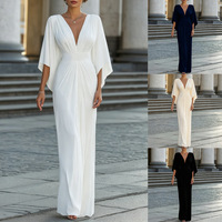 Robe longue élégante taille haute pour femme grande taille, col en V profond, manches raglan, ODM, commerce transfrontalier, couleur unie