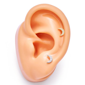 <b>Titanium</b> Plated Flower Moon T Bar Stud Earrings For Ear Bone Piercing Unisex Daily Wear ASTM F136 <b>Titanium</b> - Product Image 2