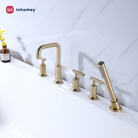 Ensemble de robinetterie de bain contemporain pour baignoire et douche, 3 poignées, finition or brossé, montage sur pont, 4 trous, en laiton