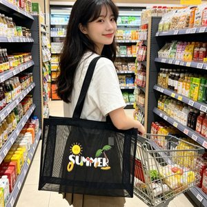 Custom <b>Transparent</b> Grocery <b>Bag</b> Nylon Mesh Fitness Beach <b>Bag</b> Reusable Black Shopping Tote <b>Bag</b> For Women - Product Image 5