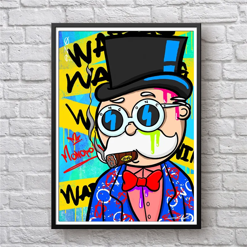 Cartoon Rich Old Man Smoking Canvas Painting Poster and Prints Graffiti Wall Art Picture for Kids Living Room Home Decoration