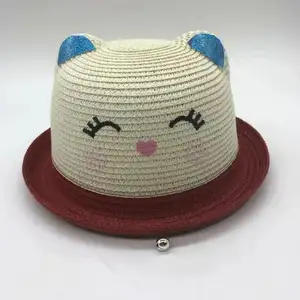 kid cute paper straw hat with two ears and embroidery smile face